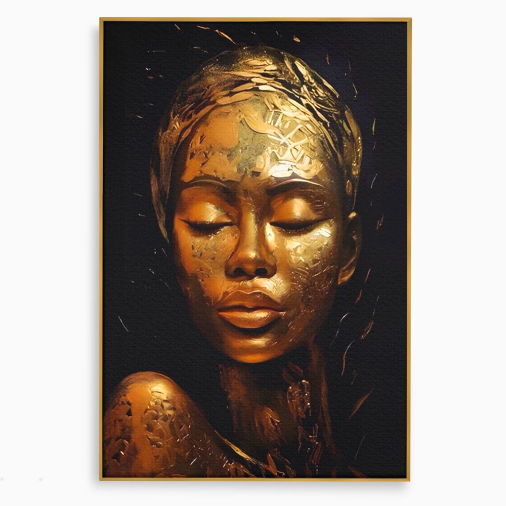 Tablou canvas cu tablou canvas cu femeie africana aurie, in rama de aluminiu auriu
